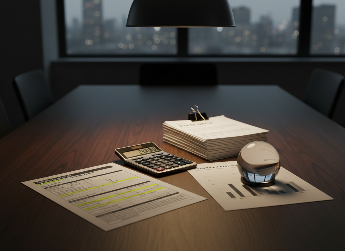 A carefully arranged venture funding scene on a dark walnut conference table, featuring a printed term sheet with highlighted clauses, a minimalist calculator, and a stack of crisp, monochrome pitch deck slides clipped together. Beside them, a transparent glass paperweight presses down on a sheet labeled “Seed Round Projections.” Warm overhead pendant lighting creates a focused pool of light over the documents, leaving the background in soft shadow with a faint hint of a blurred city skyline beyond. Photographic realism, shot from a slightly elevated, three-quarter angle, emphasizes clarity, strategy, and professionalism for content about investment and venture capital.