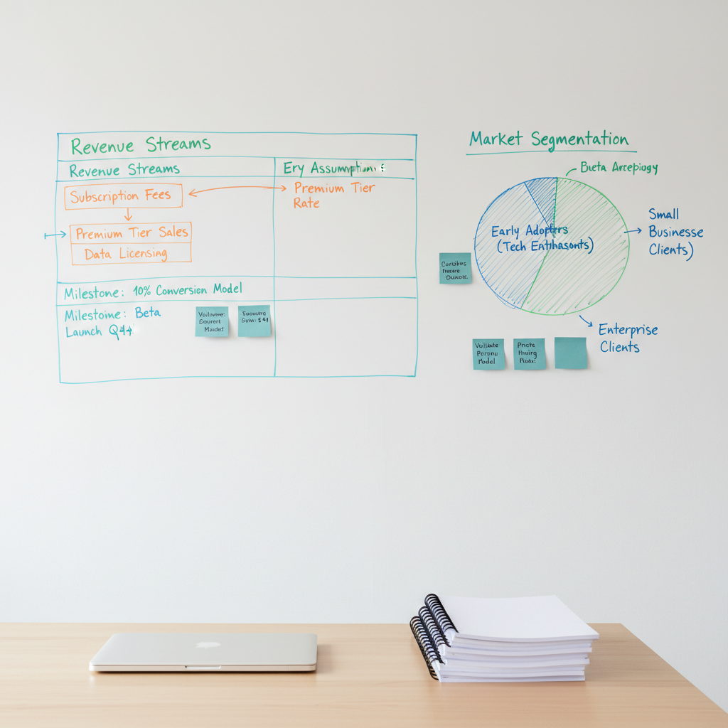 A tidy whiteboard wall filled with a carefully drawn startup business model canvas, color-coded revenue streams, and precise market segmentation diagrams, all written in neat marker lines. Sticky notes in muted blues and grays mark key assumptions and milestones. A slim, closed laptop and a stack of printed pitch decks rest on a nearby light oak table. Soft, diffused daylight from an unseen window illuminates the writing, enhancing contrast and legibility while casting subtle shadows along the markers’ strokes. Photographic realism with a slightly elevated angle and sharp focus throughout creates a calm, analytical mood, perfectly suited to illustrating structured business planning content.