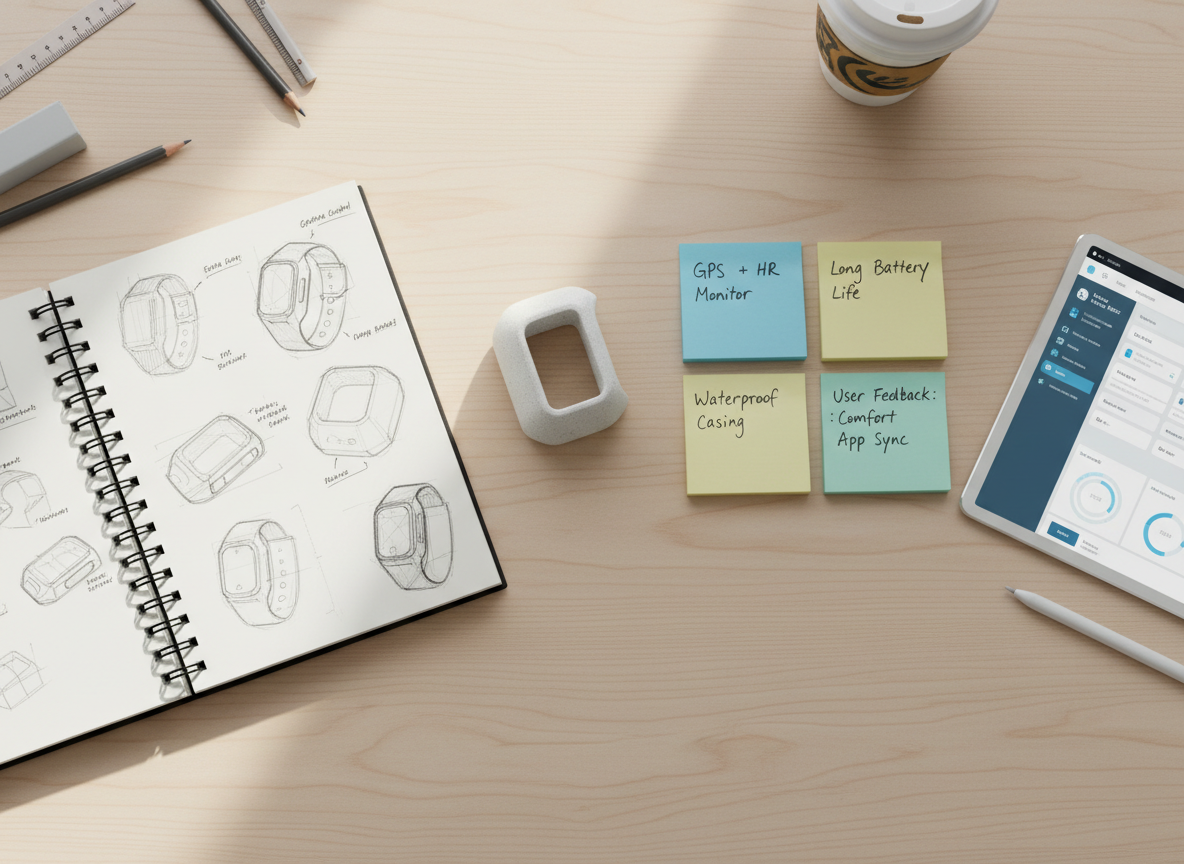 A modern innovation lab desktop featuring an open notebook with detailed hand-drawn product sketches, a 3D-printed prototype of a small device with matte white plastic and subtle texture, and an array of organized sticky notes labeled with features and user feedback. A tablet lies nearby, displaying a clean UI prototype in cool blues and whites. Natural daylight from the left creates gentle highlights on the prototype’s edges and soft shadows across the desk’s light birch surface. Photographic realism with a top-down, flat-lay composition and crisp focus throughout suggests a creative yet methodical atmosphere, perfect for illustrating innovation and product development processes.