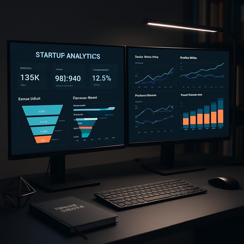 A sophisticated dual-monitor workstation dedicated to startup analytics, with both screens displaying detailed, colorful dashboards of KPIs, user acquisition funnels, and revenue projections against a dark, elegant interface. The monitors sit on a slim, matte charcoal desk alongside a wireless keyboard, a notebook labeled “Metrics Review,” and a small, geometric metal desk sculpture. Cool, focused LED task lighting illuminates the workspace while leaving the background in a soft, dark blur, hinting at shelves with neatly organized business books. Photographic realism, shot from a slightly off-center angle with moderate depth of field, creates a data-driven, high-performance ambiance for growth and scaling content.